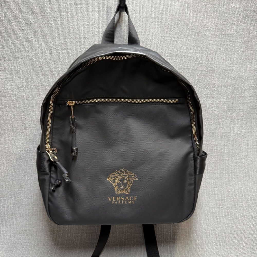 Versace Parfums Black Gold Medusa Logo Backpack Travel Bag Greca Key Straps OS